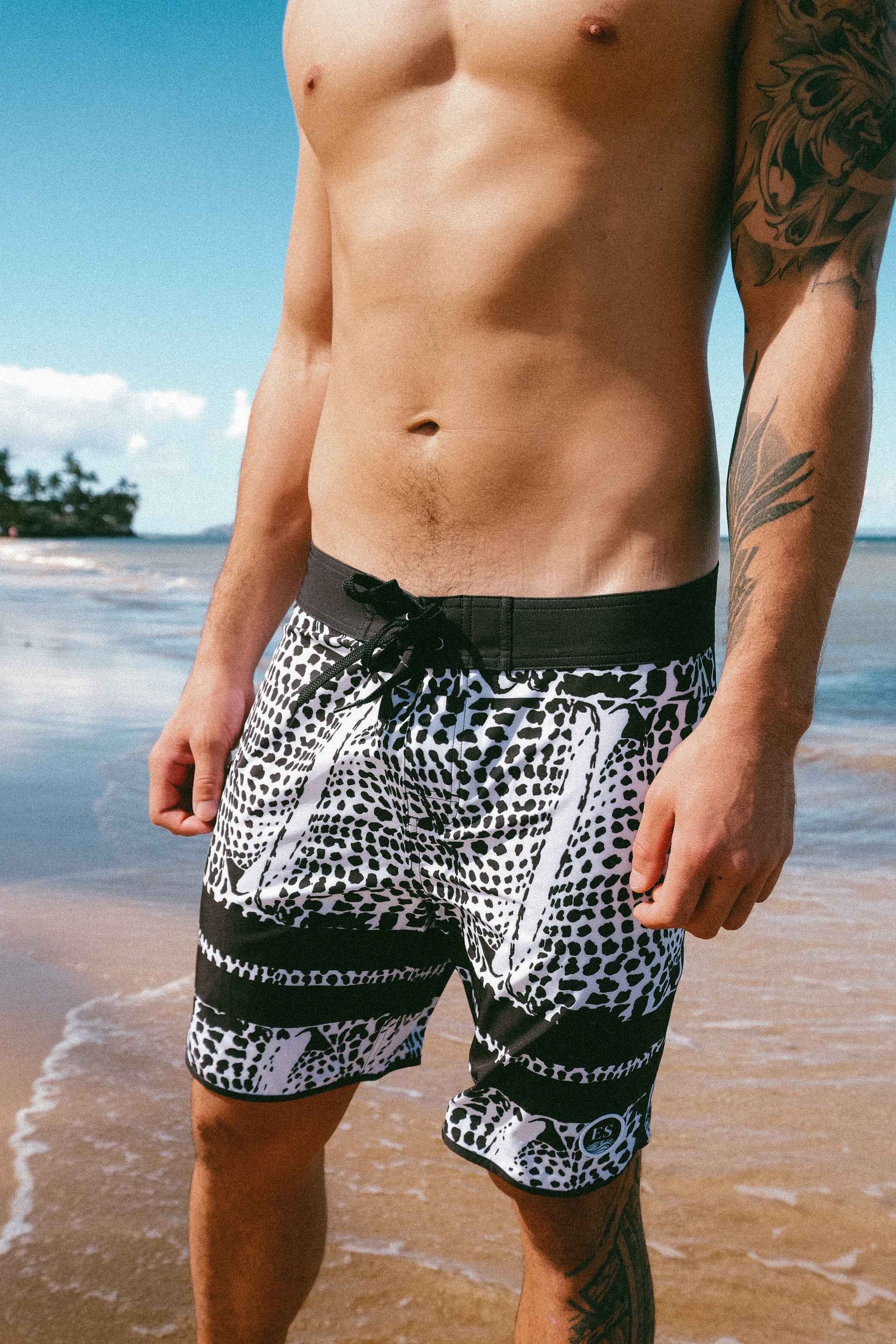 Leopard cone shell board shorts