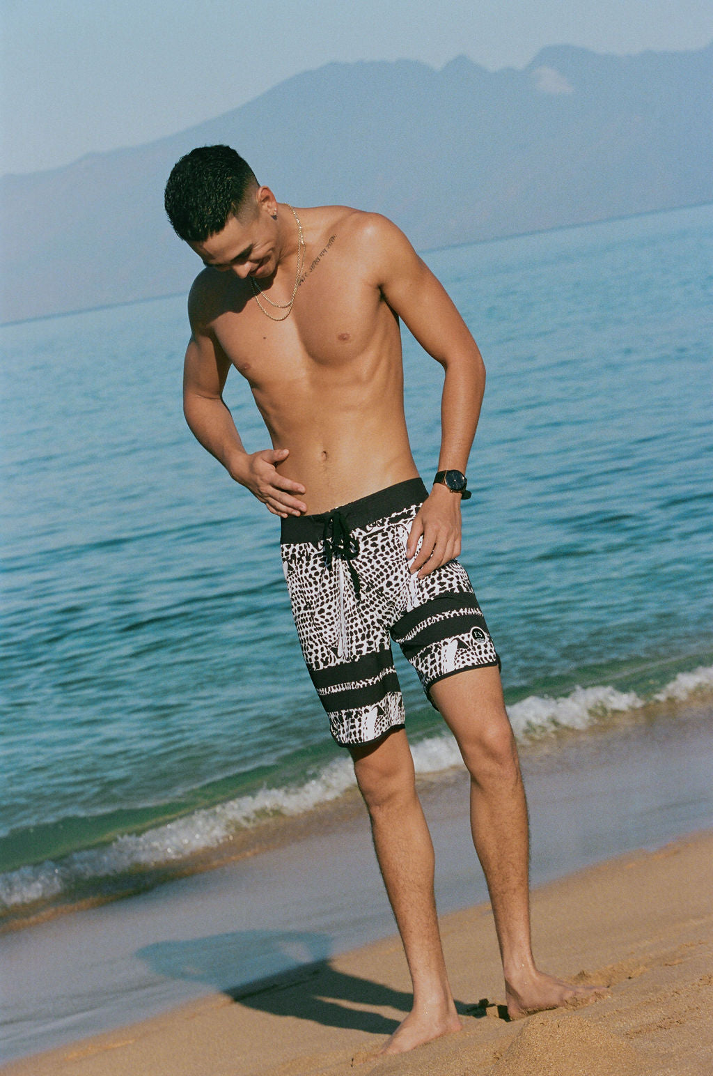 Leopard cone shell board shorts